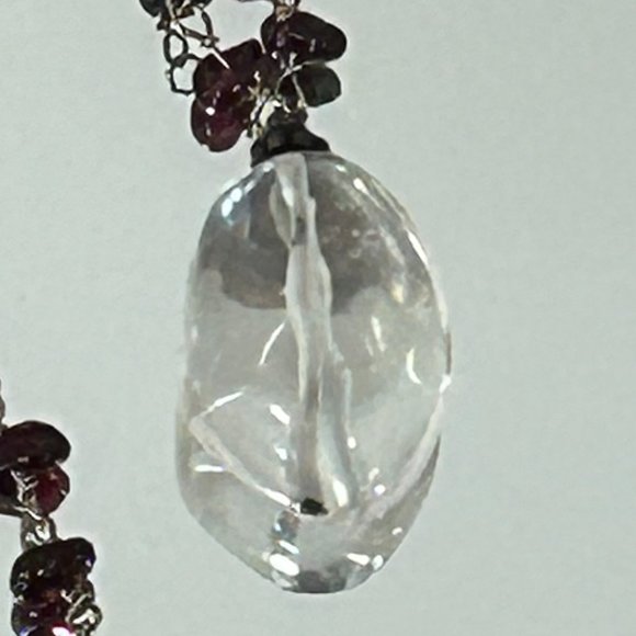 Estate Silver Garnet Clear Rock Crystal Pendant Choker Necklace - Picture 5 of 6